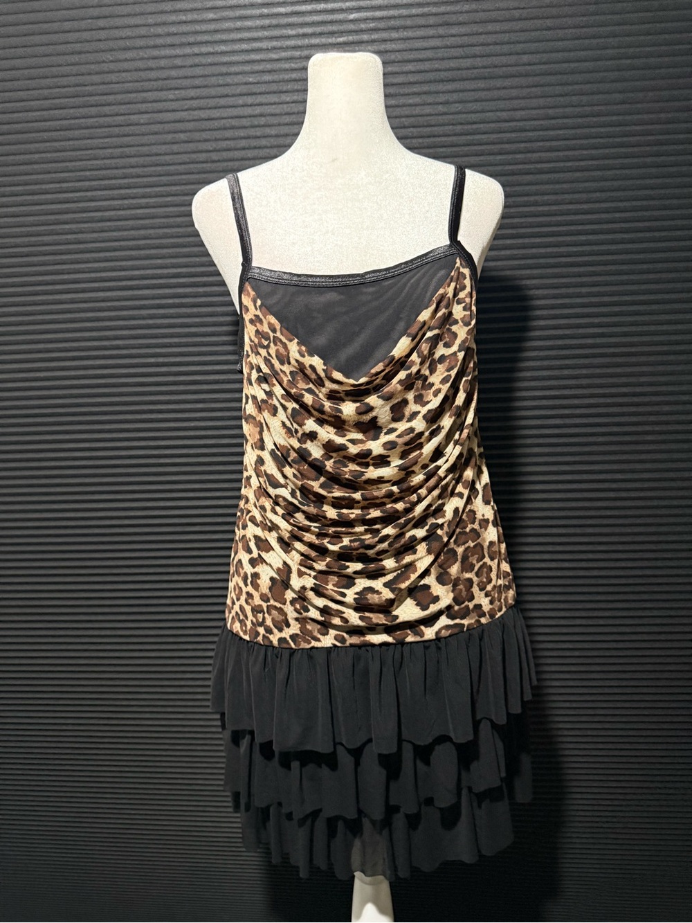 Leopard Print Cowl Neck Slip Dress with Black Tiered Skirt